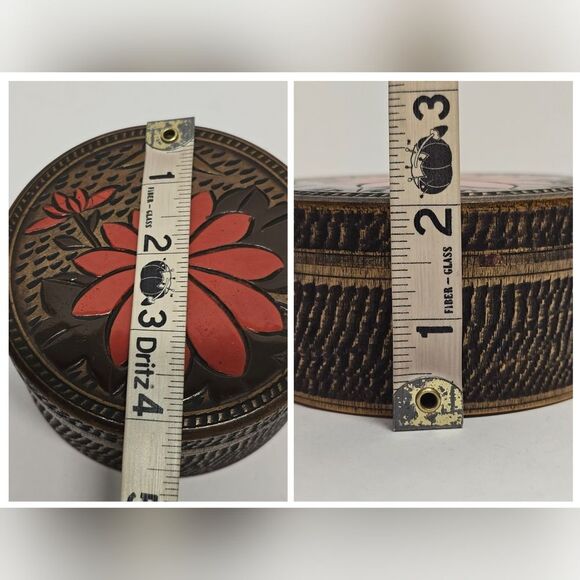 Vintage Japanese Round Wooden Trinket Jewelry Box Floral Theme - Picture 8 of 9